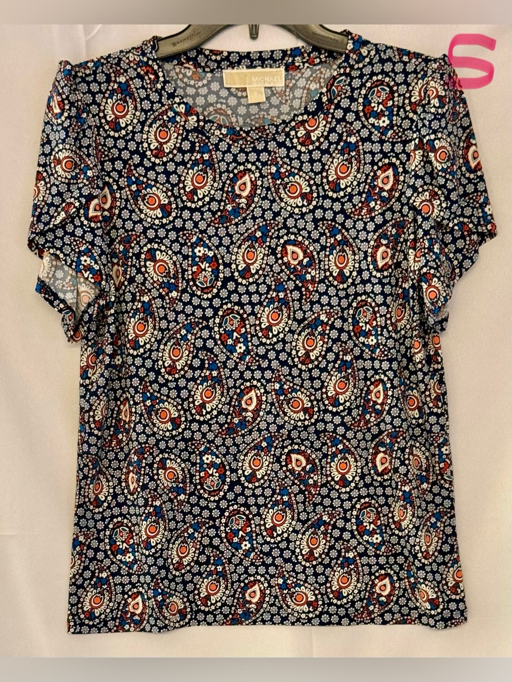 Michael Kors Navy Paisley Floral Short Sleeve Tee with Red and Blue Accents